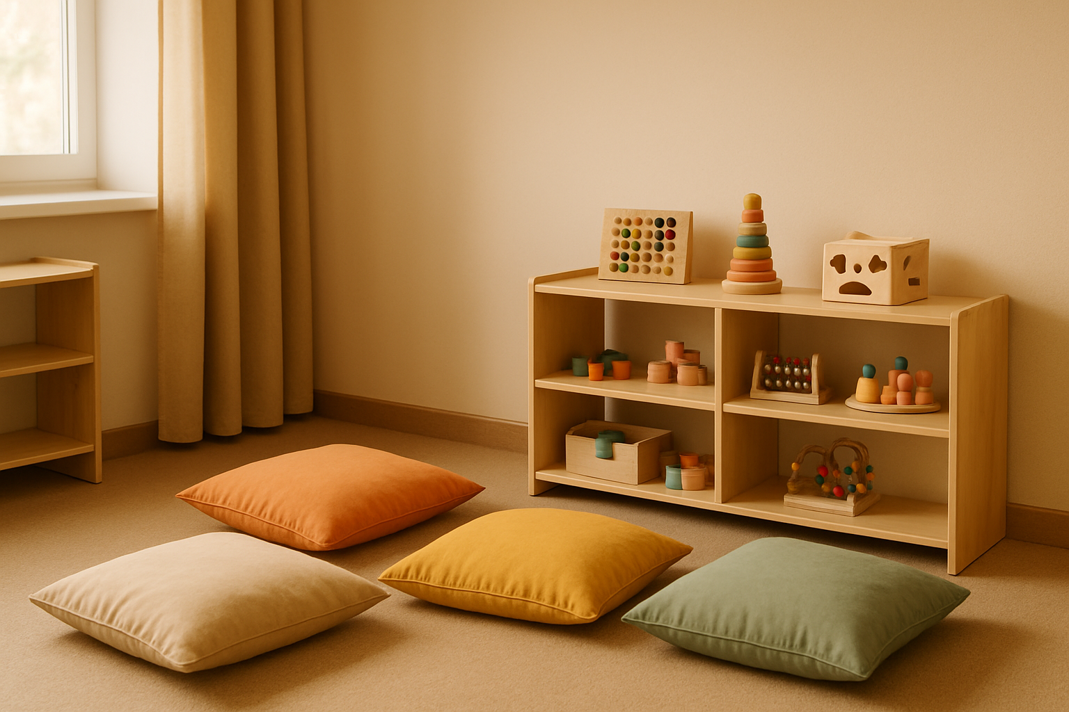 Coin de jeu calme avec coussins et étagères colorées