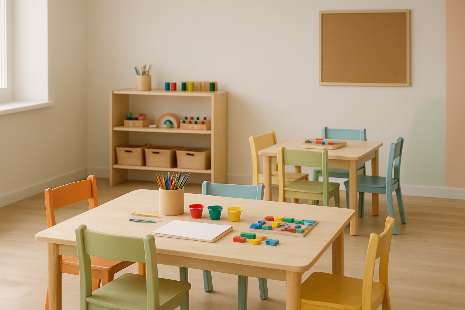 Espace d’atelier créatif avec tables basses et matériel éducatif