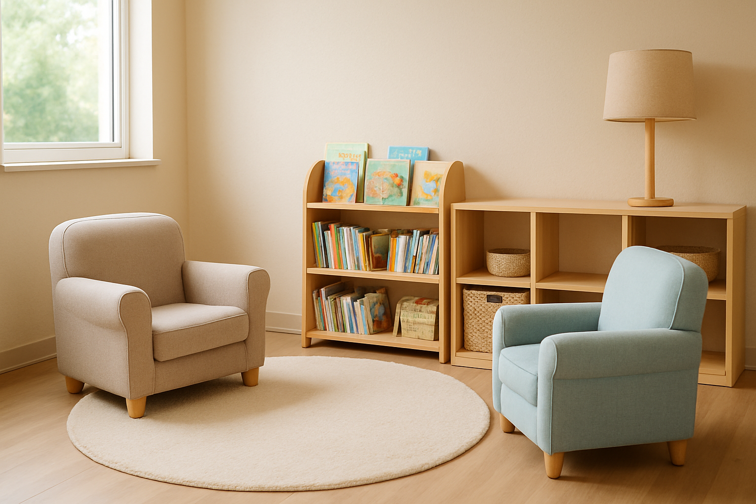 Espace lecture chaleureux avec fauteuils et bibliothèque à hauteur d’enfant