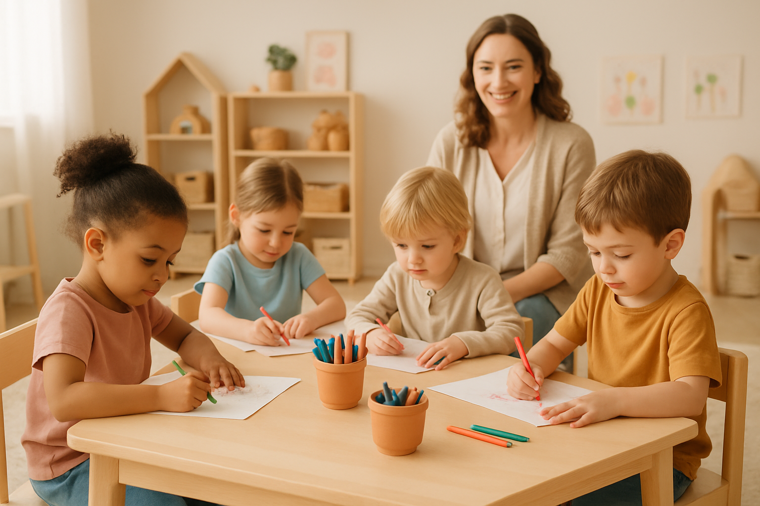 Groupe de jeunes enfants en atelier créatif dans une salle lumineuse et chaleureuse