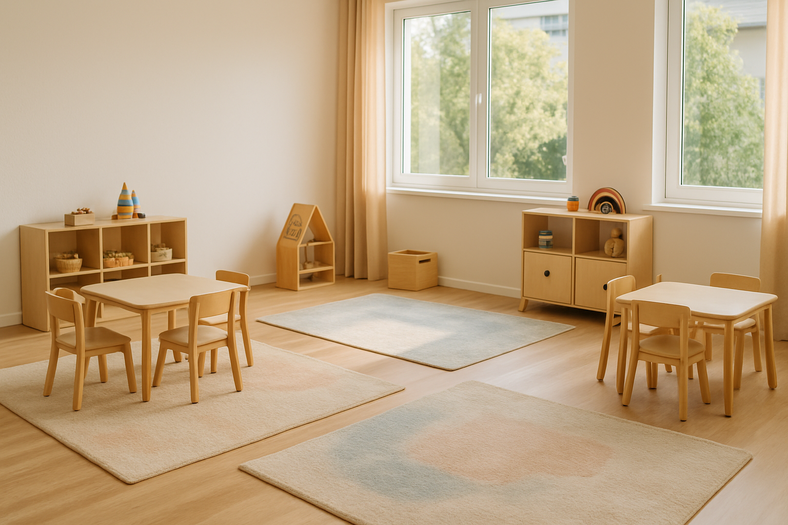 Salle lumineuse de garderie avec mobilier en bois clair et tapis doux