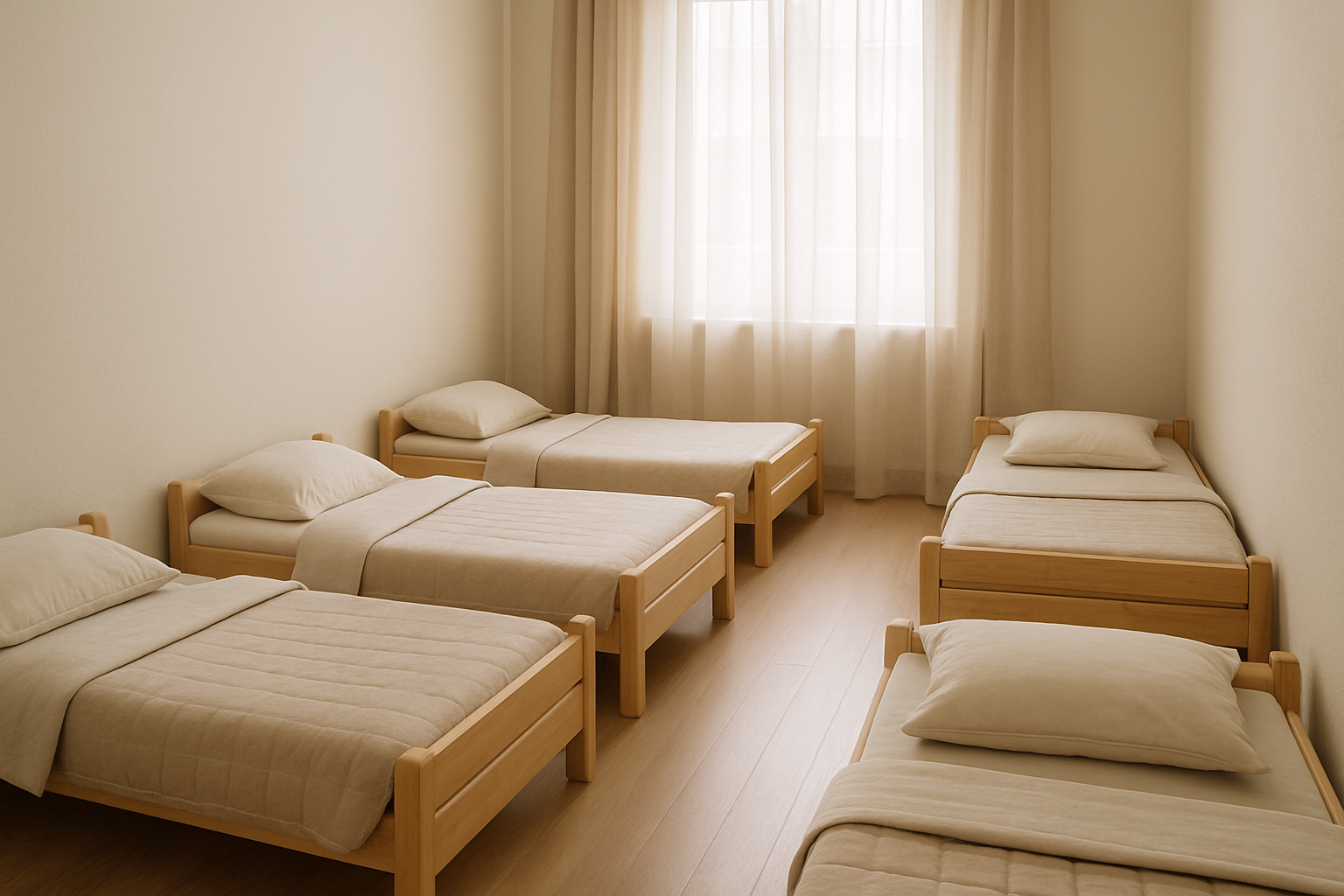 Salle de repos douce avec lits d’enfants alignés et lumière naturelle