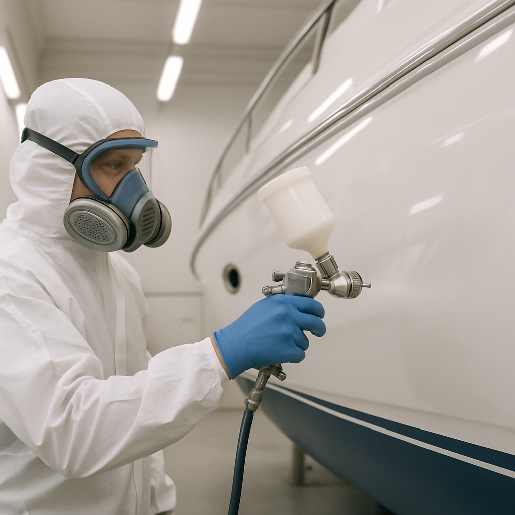 Marine professional expertly applying HULLKTM coating to hull
