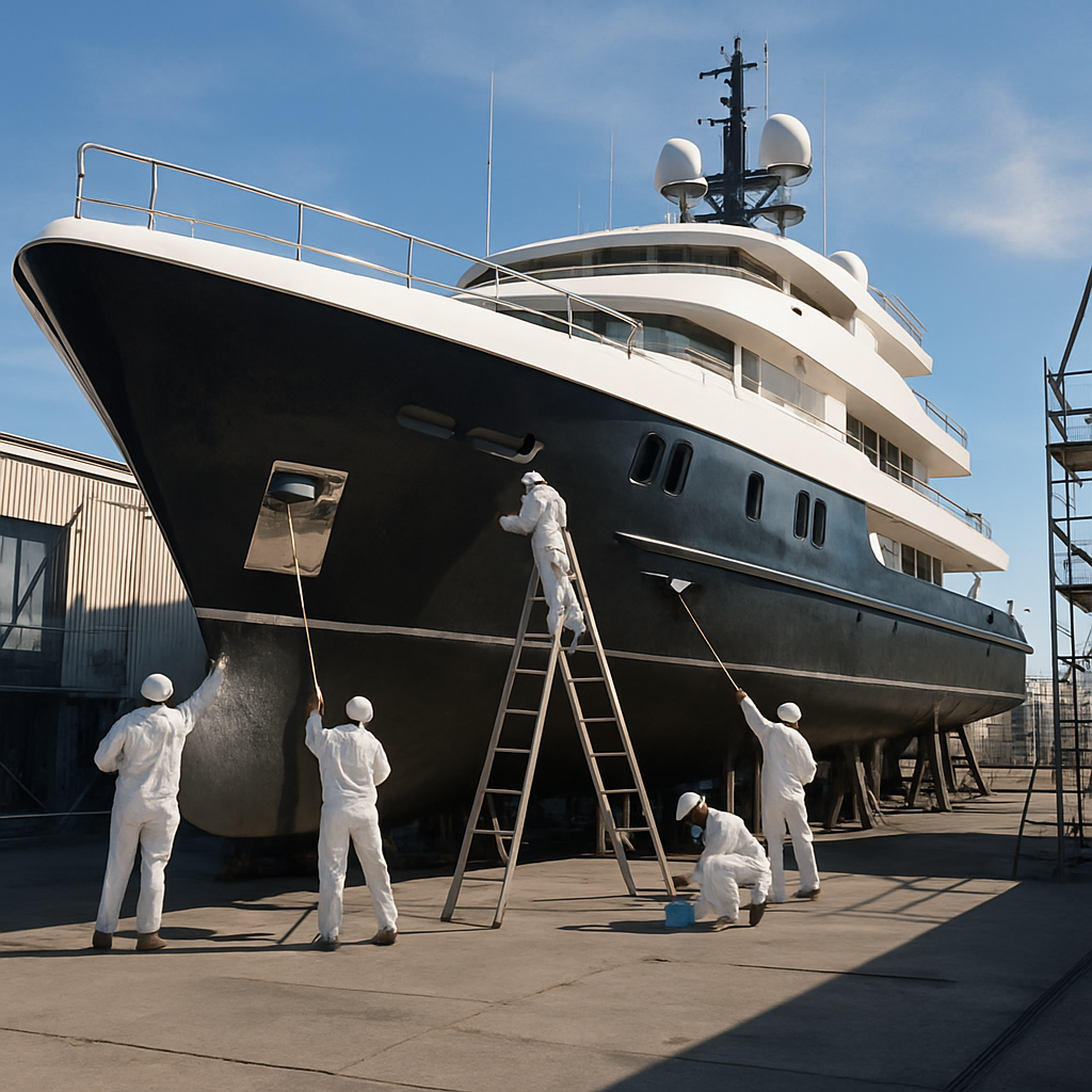 Yacht in shipyard receiving HULLKTM protective coating