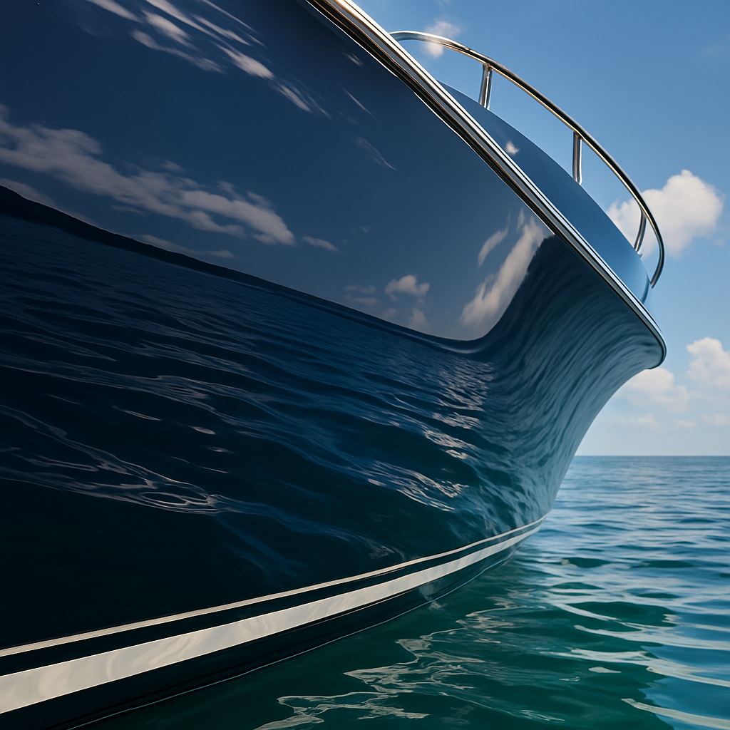 Close-up of a glossy yacht hull protected by advanced coating