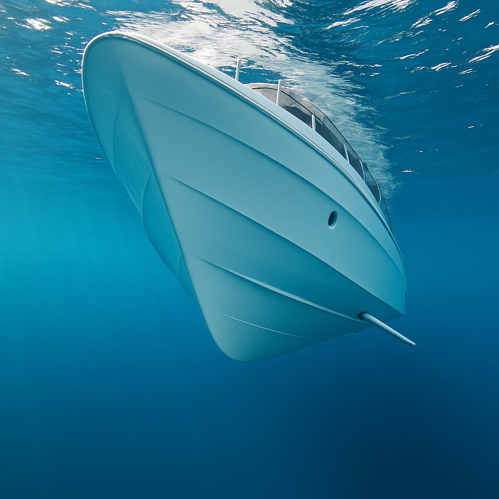 Underwater view of yacht hull with marine growth resistance