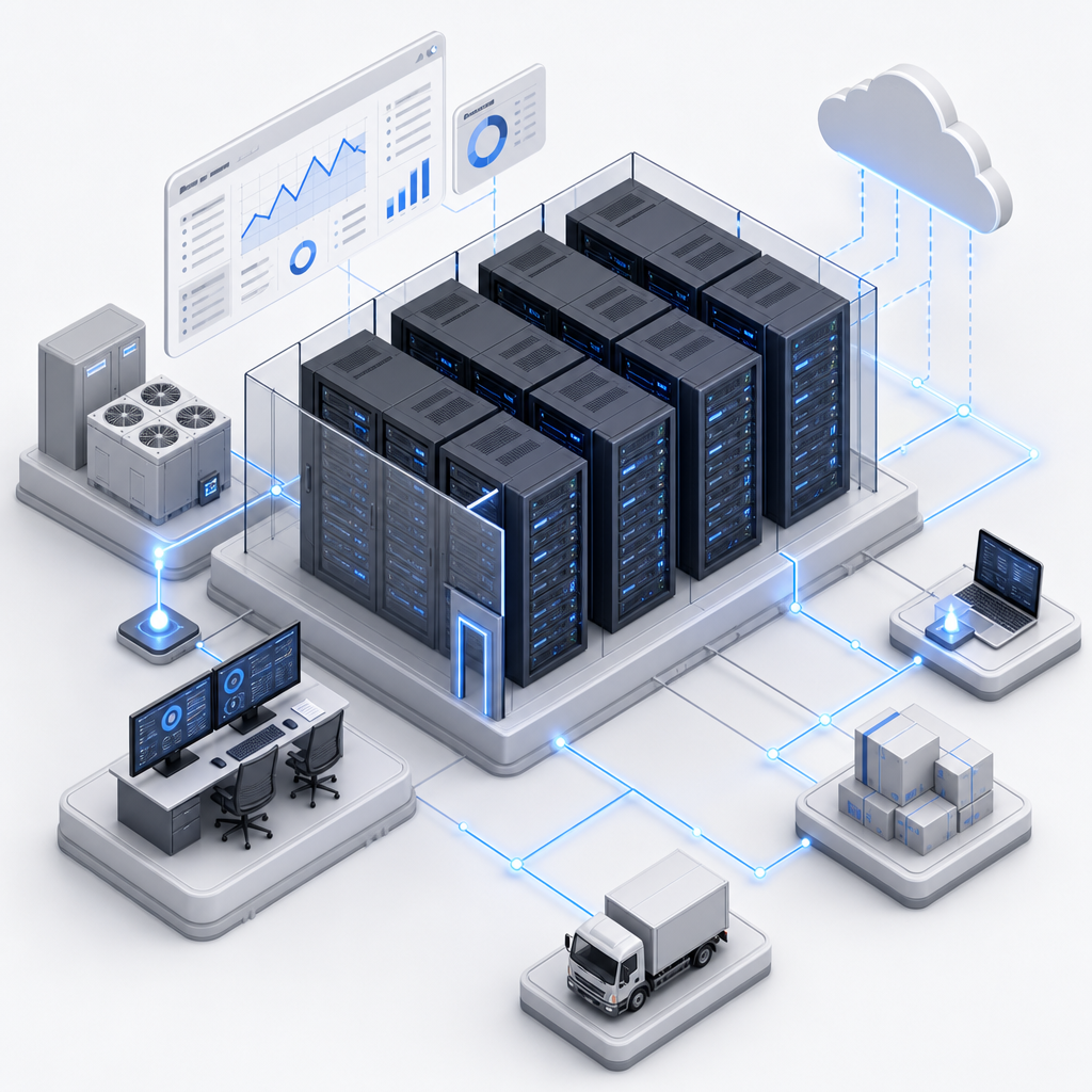 Isometric illustration of a modern data center with server racks and connected network nodes