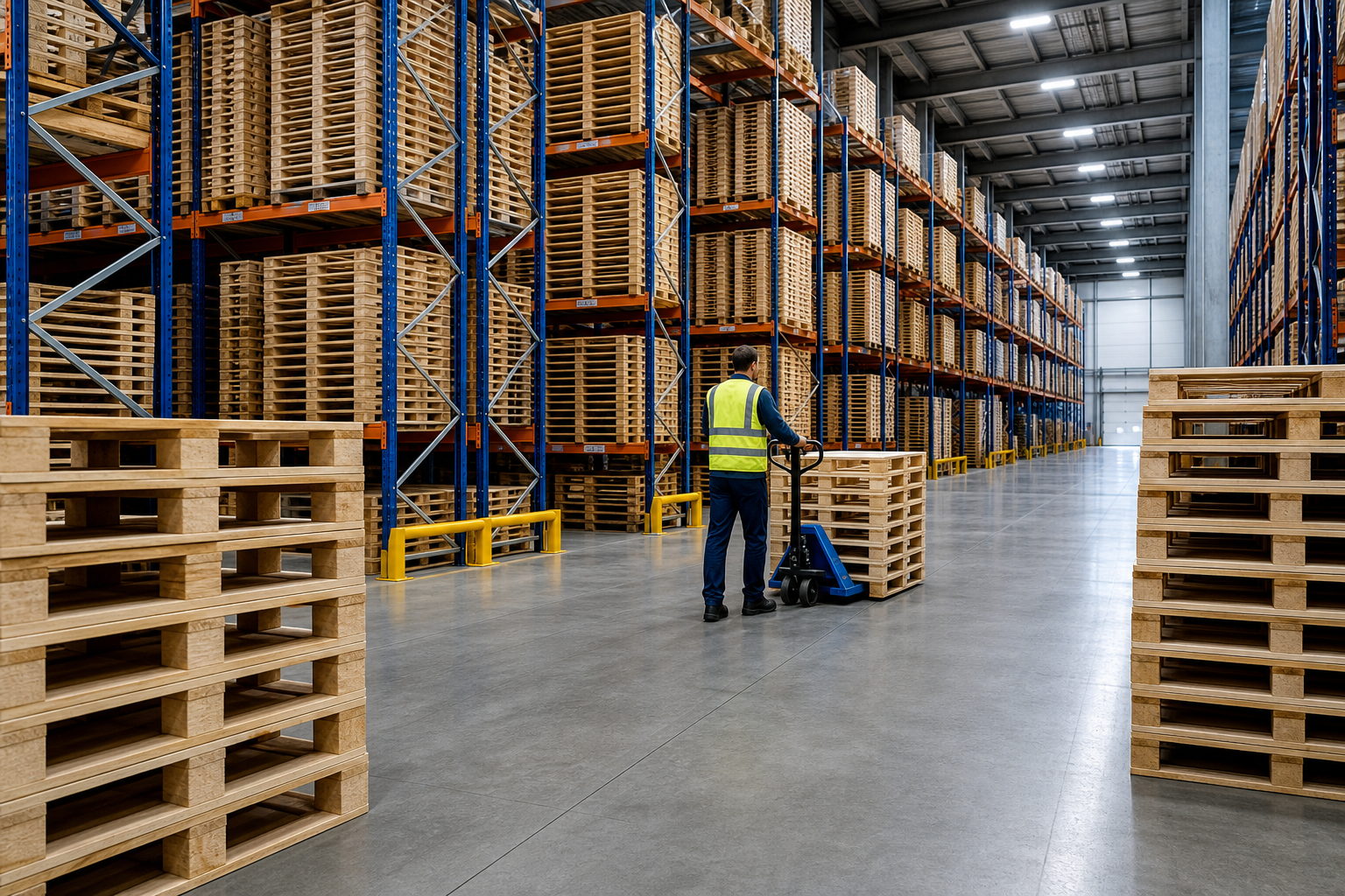 Industrial warehouse aisles with stacked wooden pallets and a worker using a pallet jack