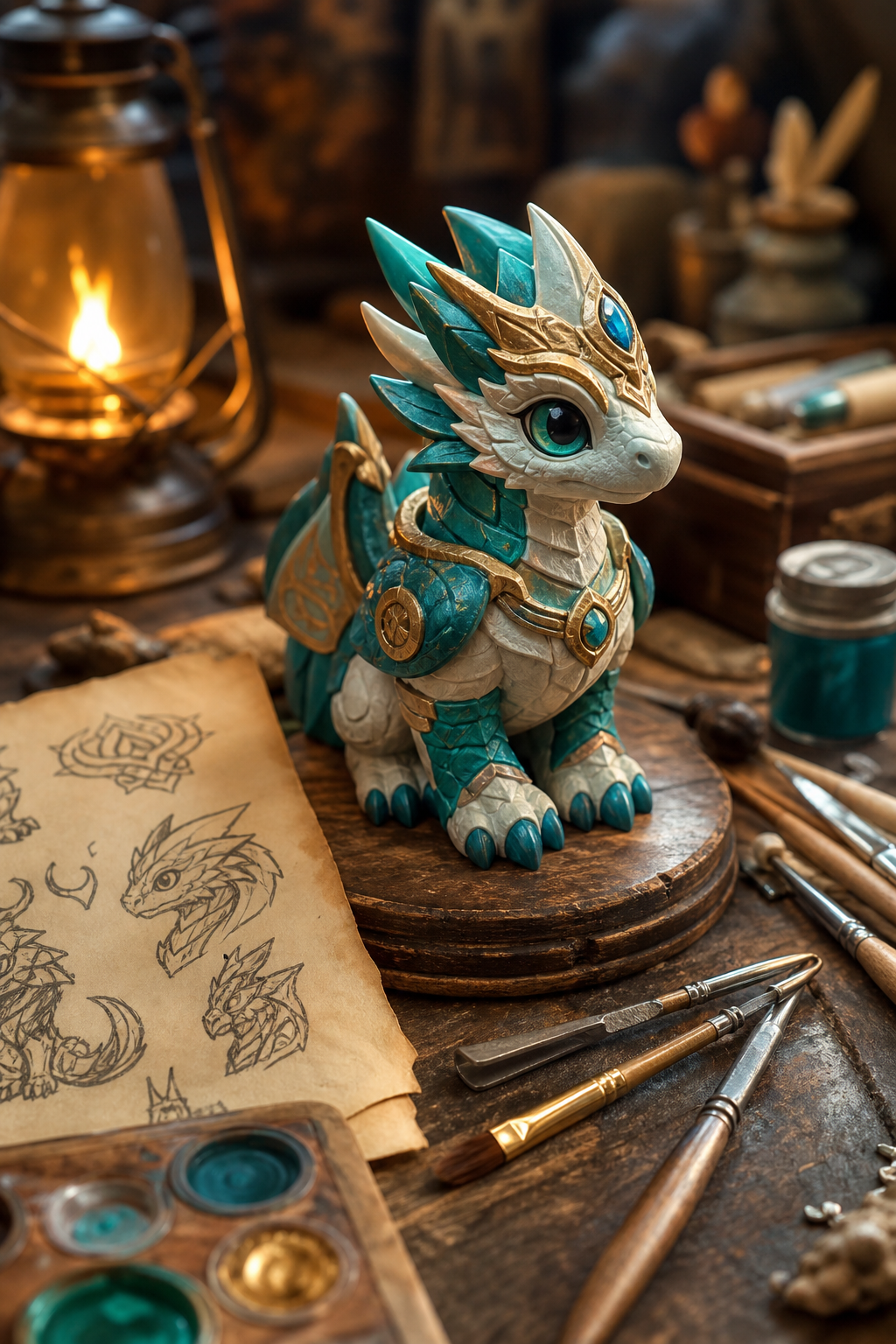 Close-up of a bespoke fantasy toy being finished on a magical workbench with tiny tools, runic sketches, and warm craft lighting