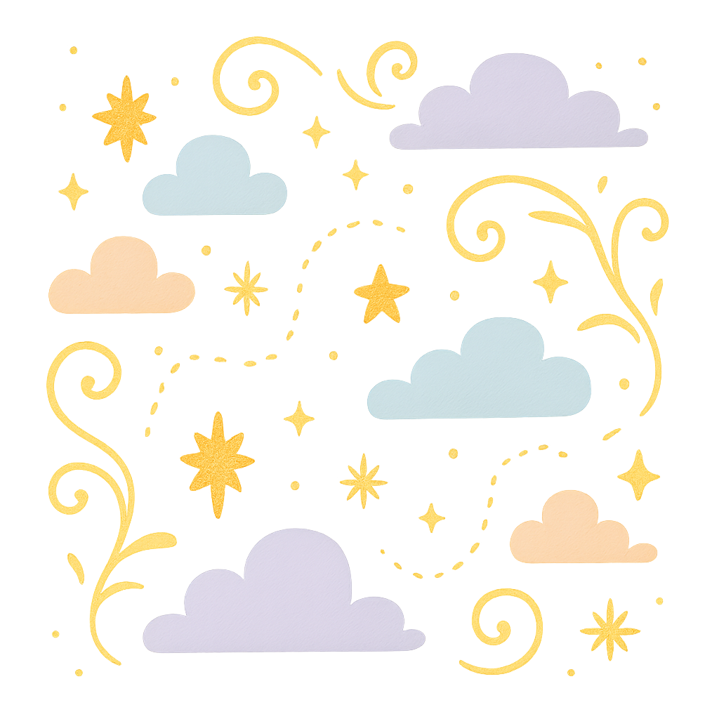 Whimsical decorative layer with stars, fluffy clouds, magical swirls, and treasure-map style curves around the toy showcase