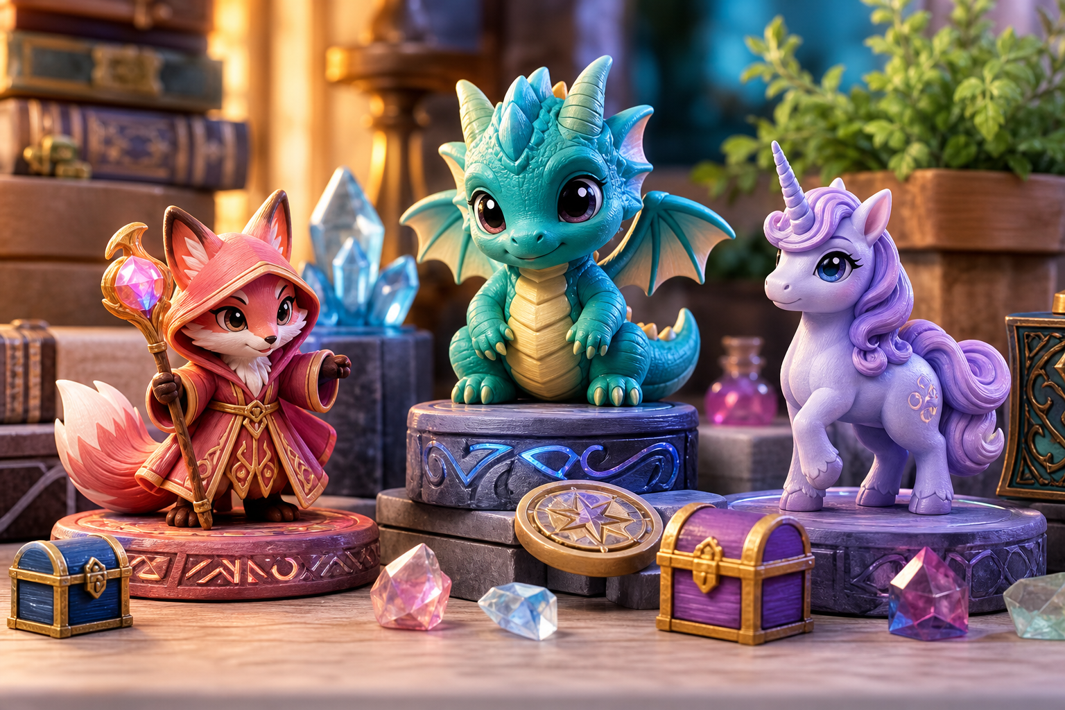 Colorful arrangement of fantasy toy creatures and collectible 3D printed pieces displayed as a magical tabletop scene