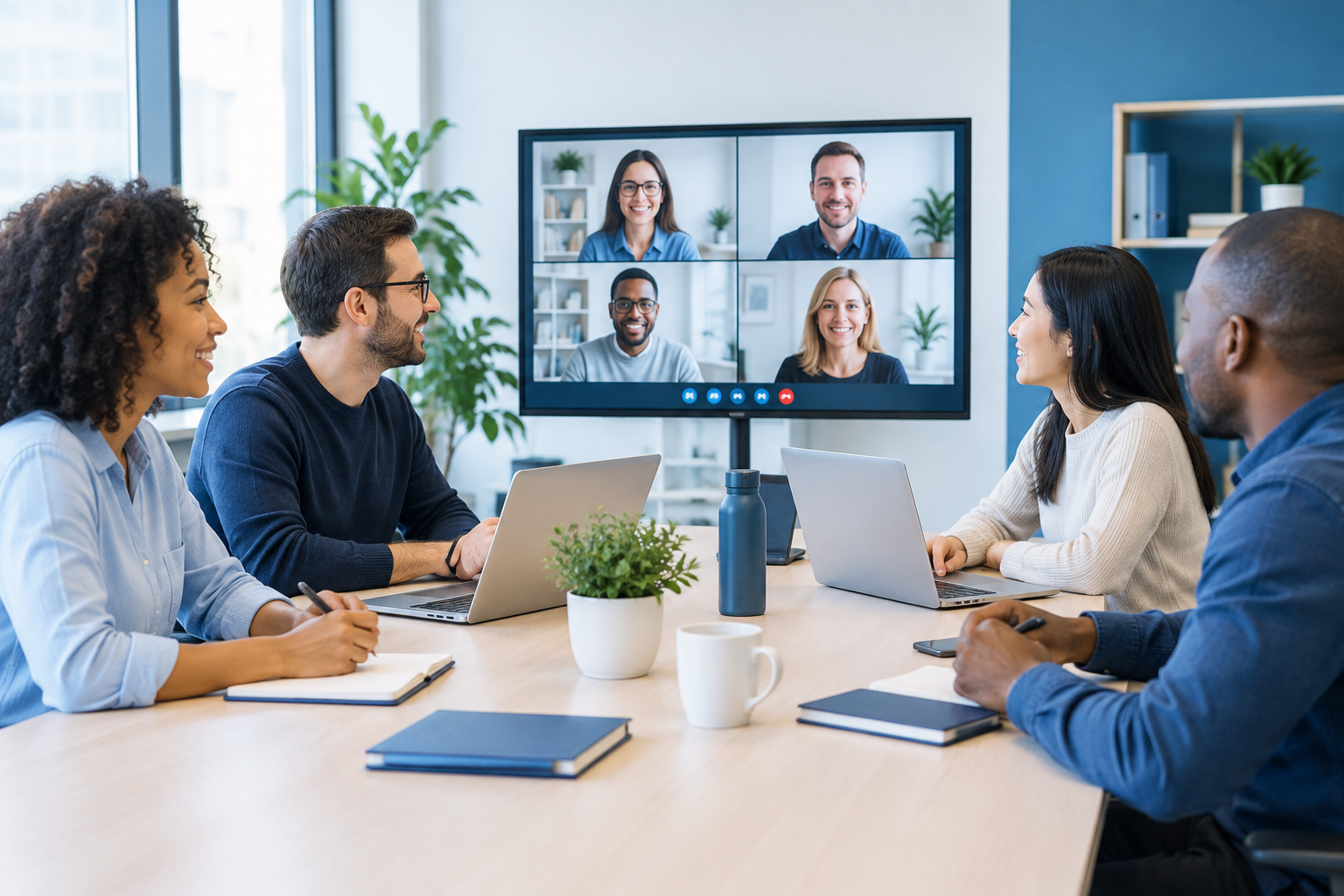 Small remote technology team in a calm video meeting with laptops and notes, collaborating in a modern professional workspace