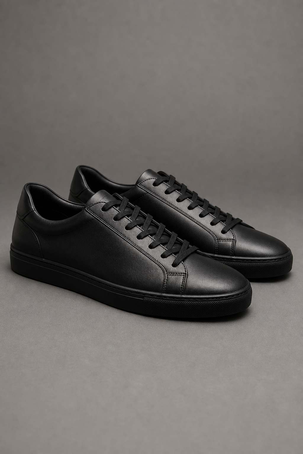 Black low-top leather sneakers in studio product lighting