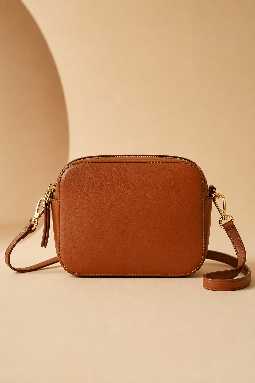 Cognac brown mini crossbody bag with gold hardware on clean backdrop
