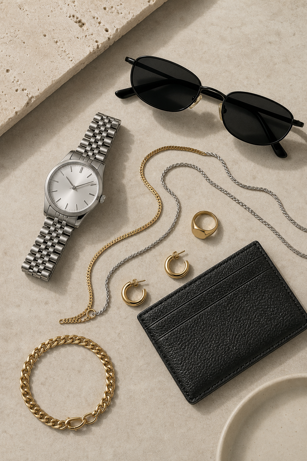 Curated accessories flat lay with watches, jewelry, sunglasses, and small leather goods