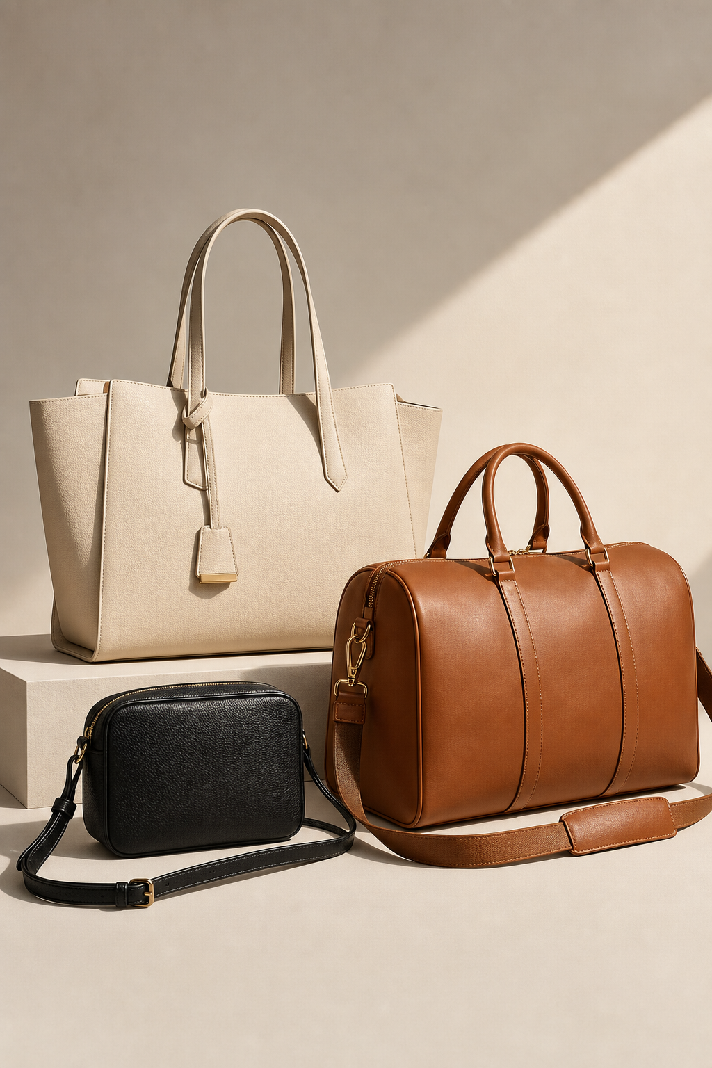 Premium handbags and carry pieces arranged with structured totes and crossbody designs