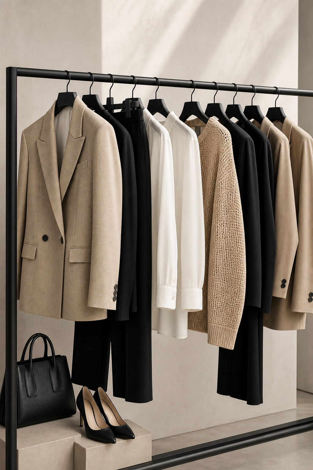 Premium clothing rack with modern tailored pieces and layered neutral-toned apparel