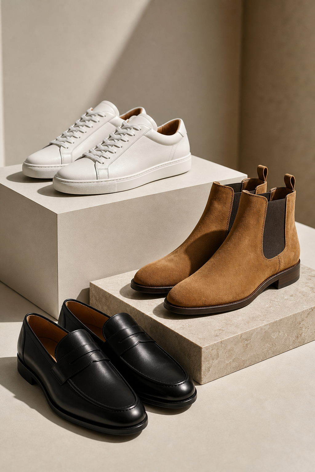 Premium footwear arrangement featuring modern leather sneakers and polished boots