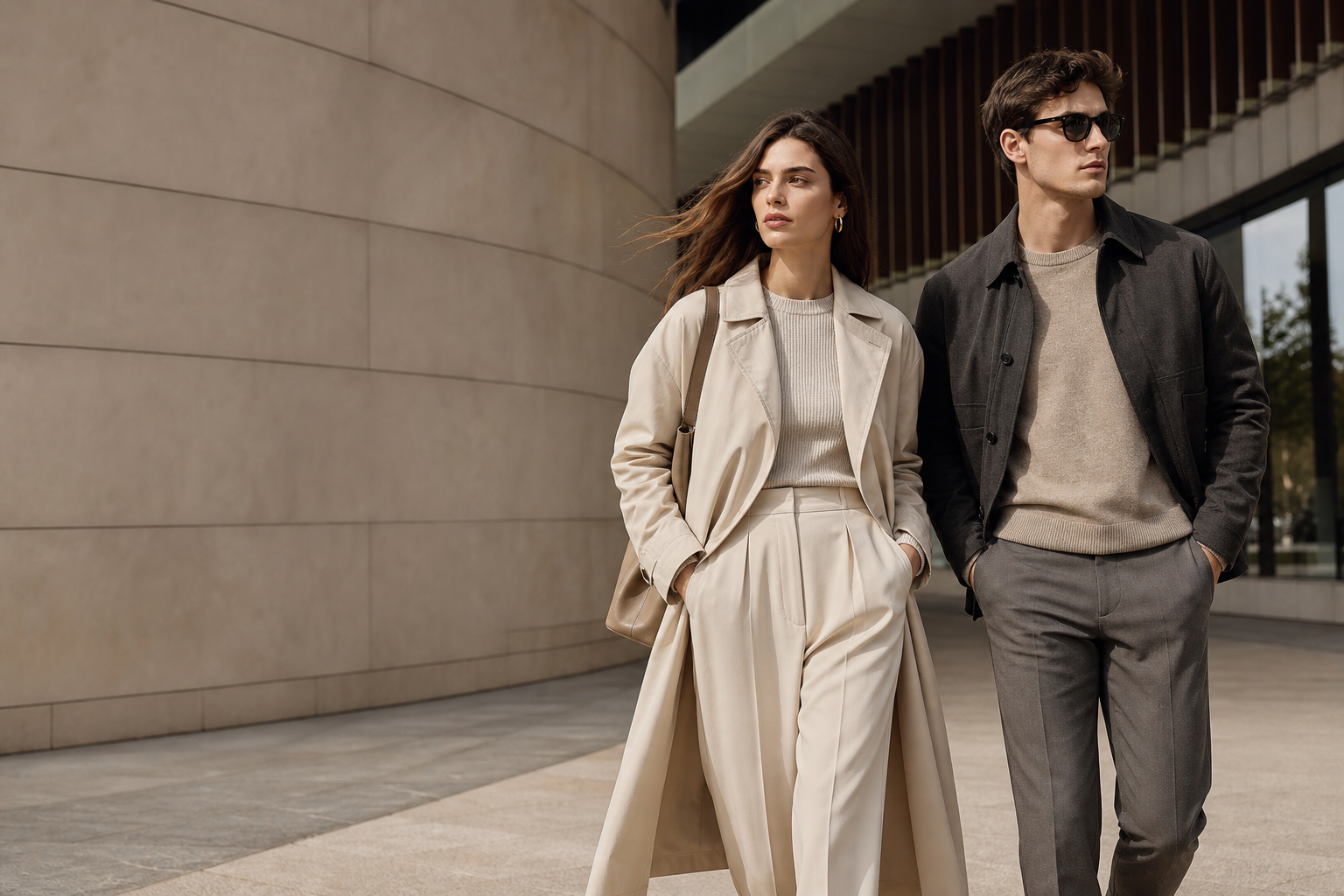 Premium fashion campaign featuring a woman and a man in contemporary neutral-toned outfits in an urban lifestyle setting