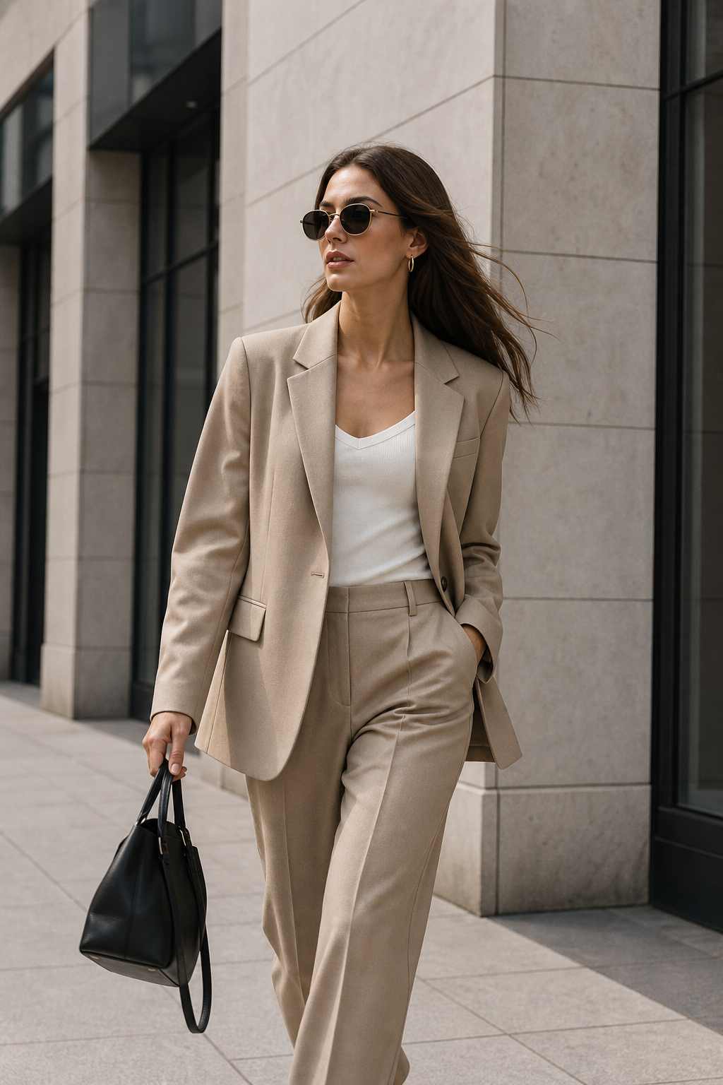 Lifestyle styling image of the same fashion product worn outdoors in an urban setting with modern minimal composition