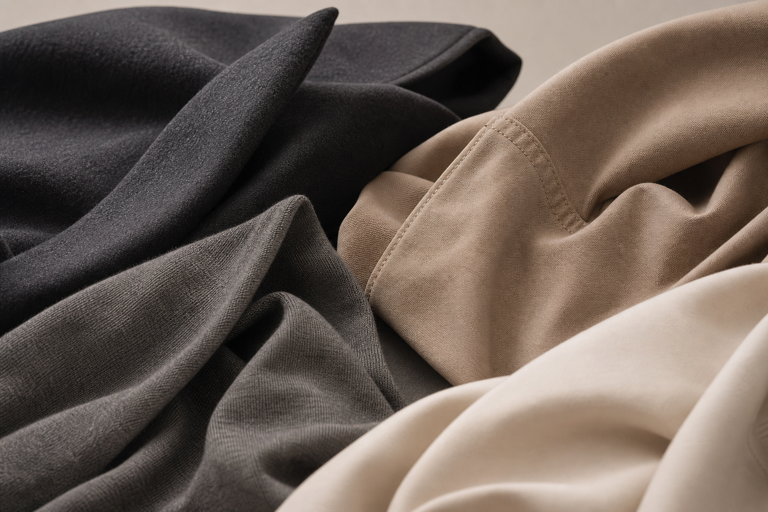 Subtle editorial crop of premium fashion fabric textures in neutral tones