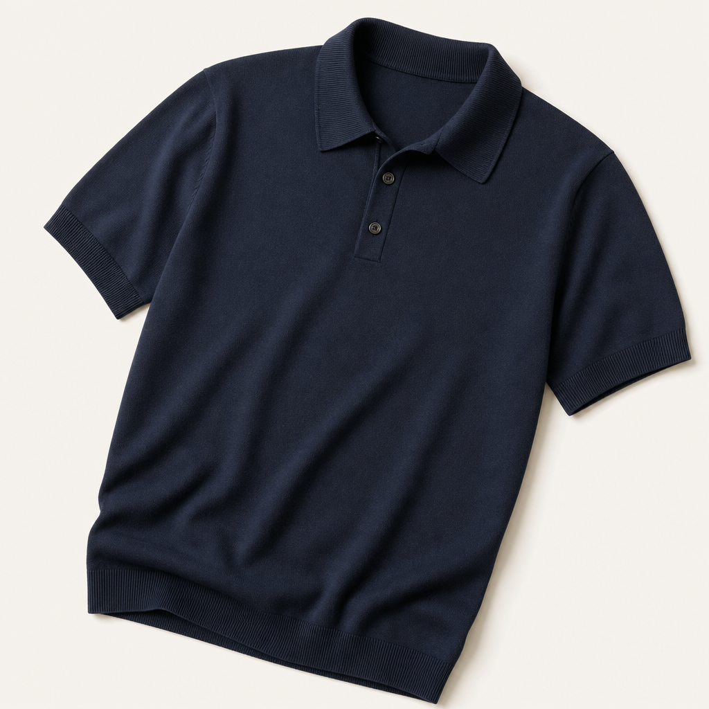 Deep navy fine-knit polo shirt laid flat with subtle texture visible