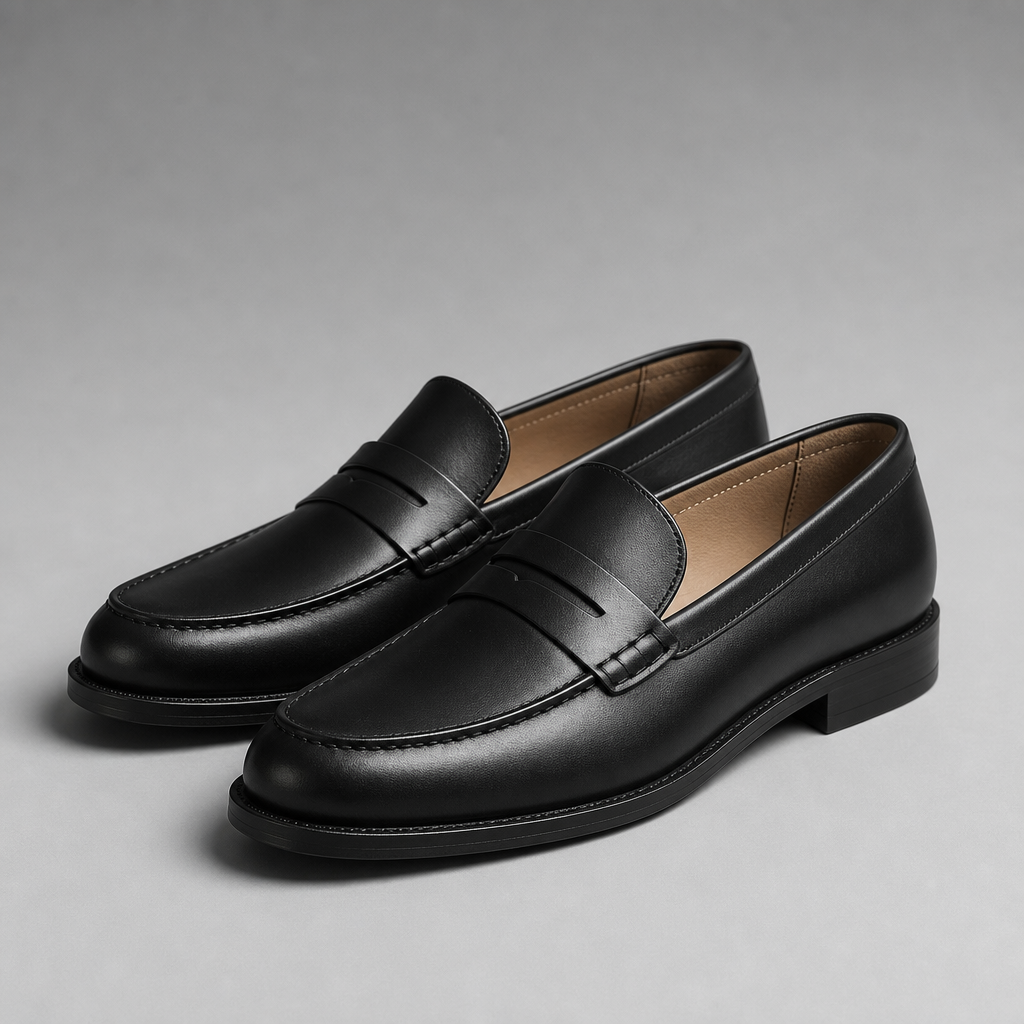 Pair of polished black leather loafers viewed from a slight angle