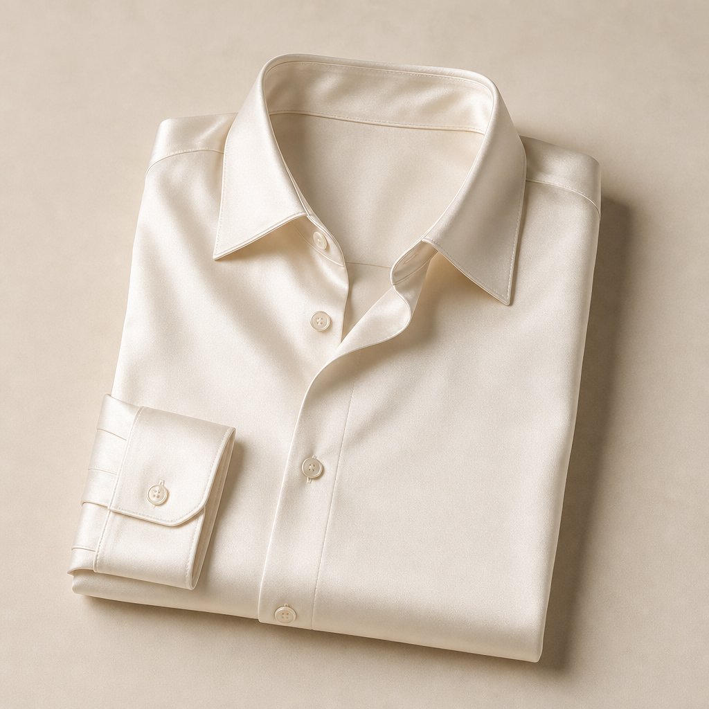 Ivory relaxed satin shirt folded neatly on a soft neutral background