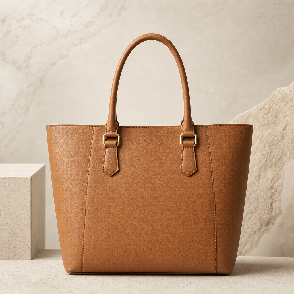 Structured camel leather tote bag with top handles on a clean studio backdrop