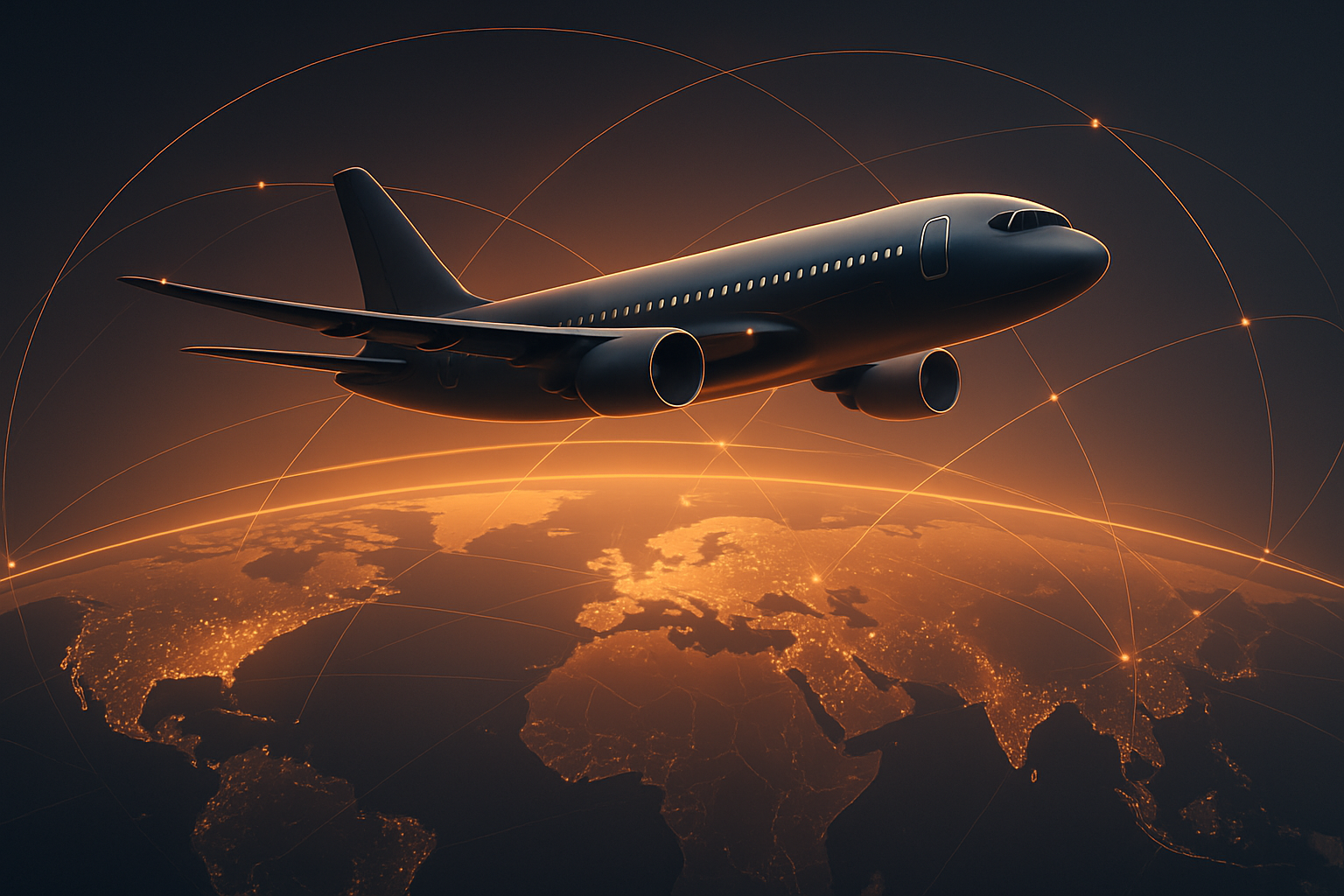 Futuristic global connectivity visualization with aircraft, satellite arcs, and illuminated world map