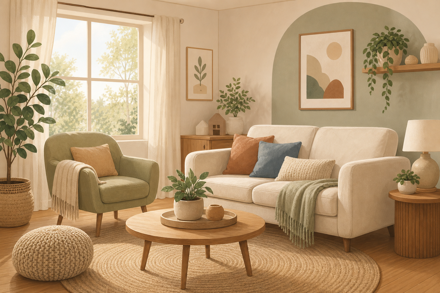 Warm home-centered illustration with soft organic shapes and welcoming domestic details