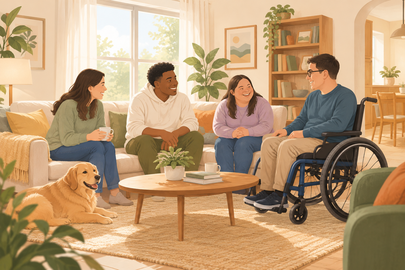 Calm illustration of a welcoming home interior with soft natural light, warm furnishings, and gentle organic shapes