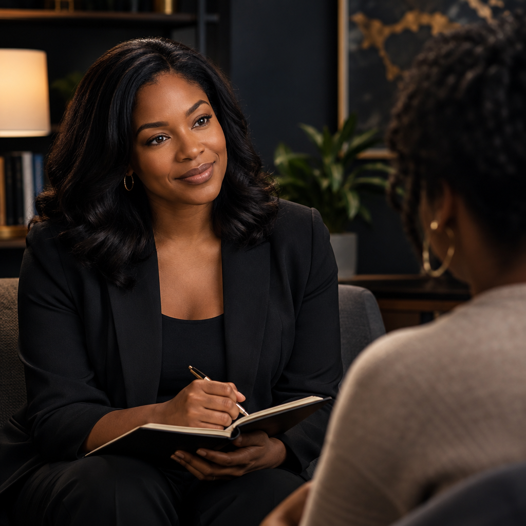 Polished counseling flyer scene anchored by the uploaded woman portrait, showing a clear face-to-face coaching conversation between a lady and a guy with warm, supportive body language in a dark cinematic studio setting