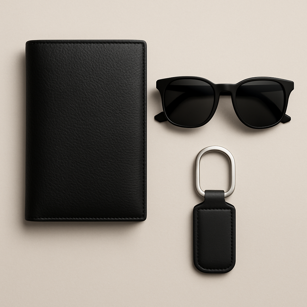 Men's accessory set featuring a black leather wallet, sleek sunglasses, and a minimal key holder