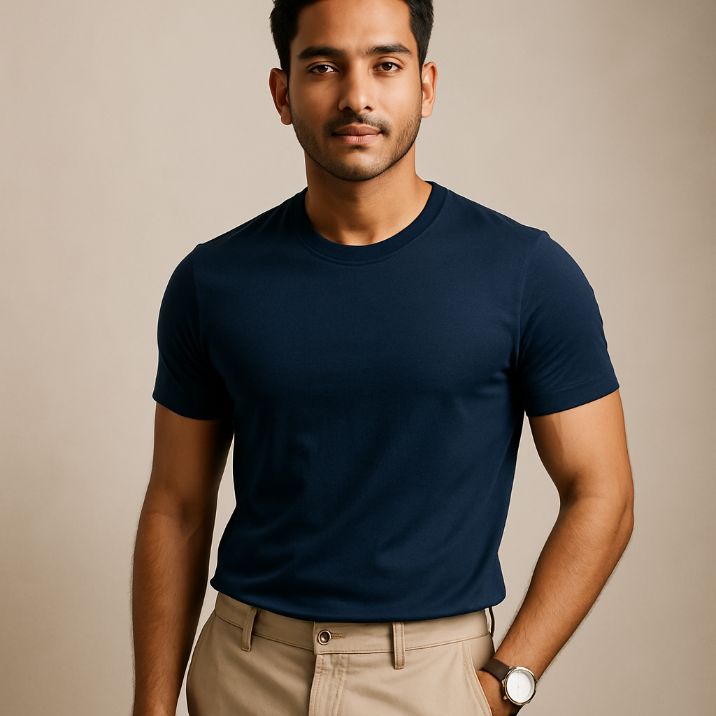 Bangladeshi man wearing a sleek navy T-shirt and beige pants with a minimalist watch, standing confidently in a modern studio