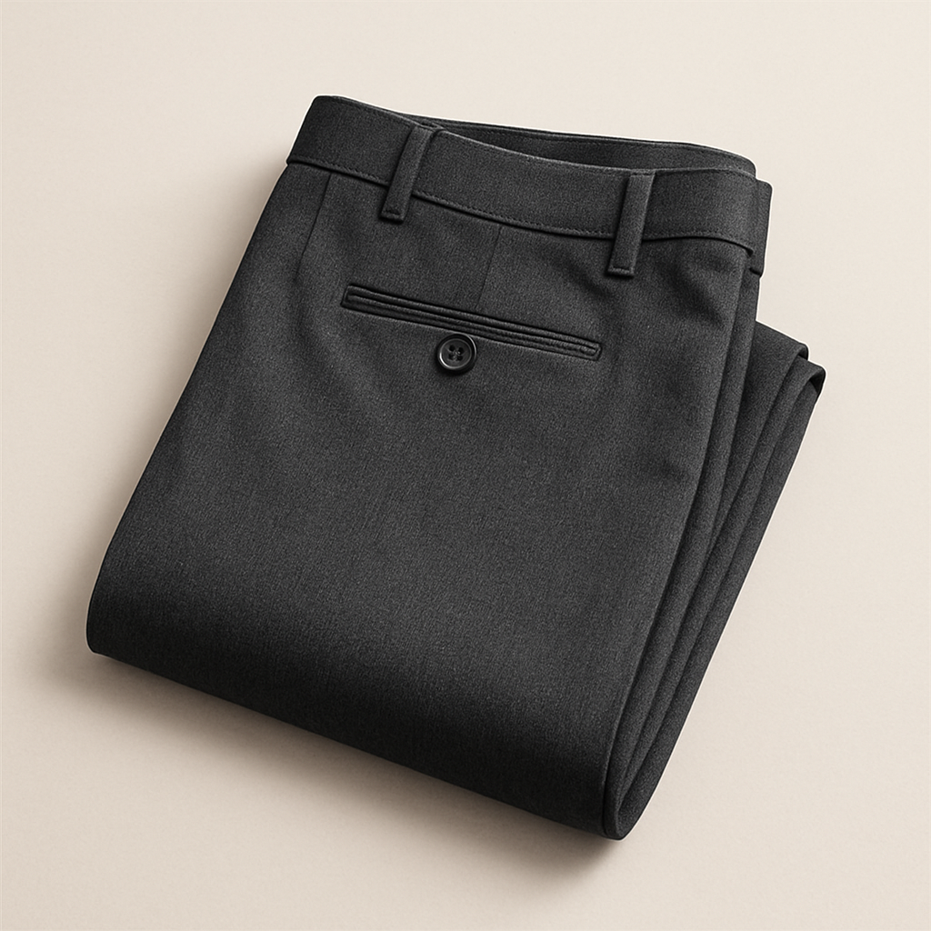 Pair of slim-fit men's pants in charcoal gray neatly folded with a visible waistband