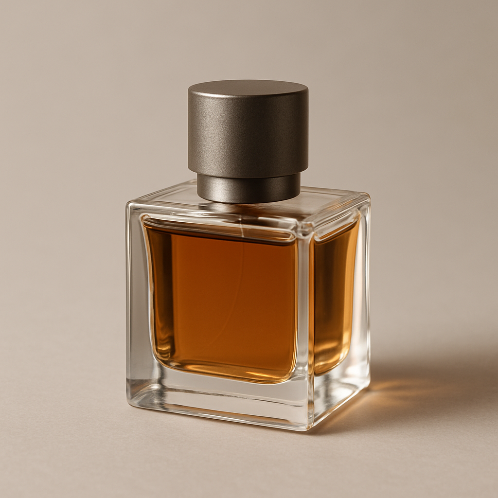 Square glass perfume bottle with a clear amber liquid and a metallic cap