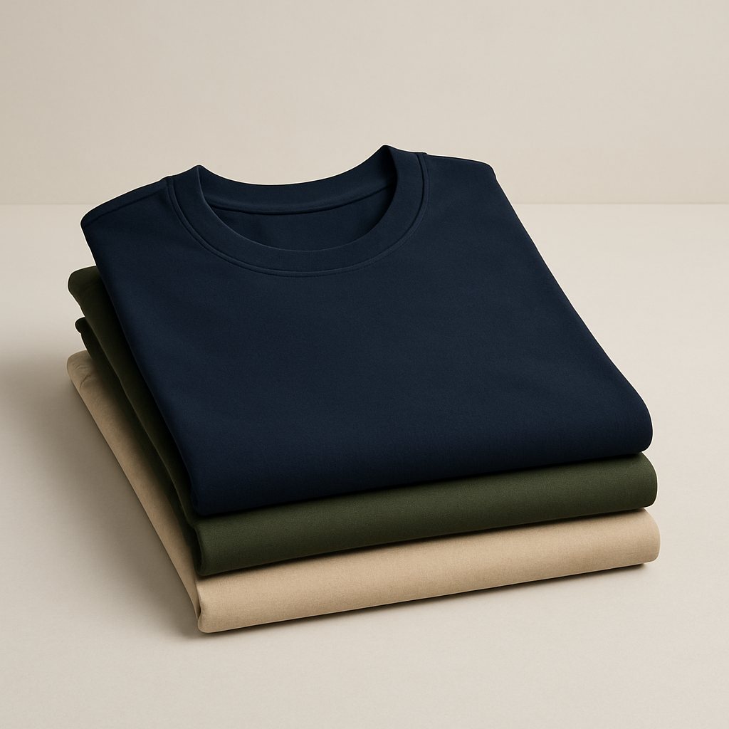 Folded stack of three crew-neck men's T-shirts in navy, olive, and sand colors on a clean surface