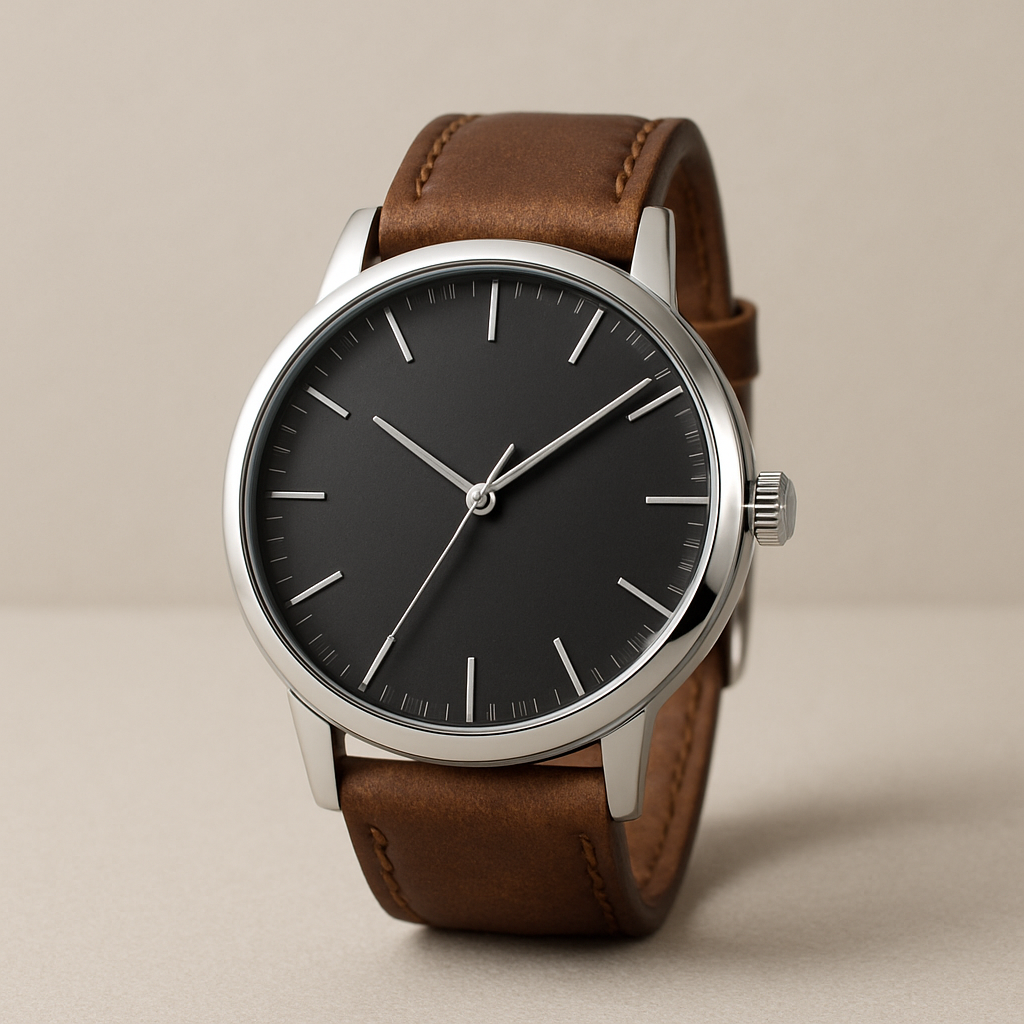 Men's wristwatch with a matte black dial, silver case, and brown leather strap on a neutral background