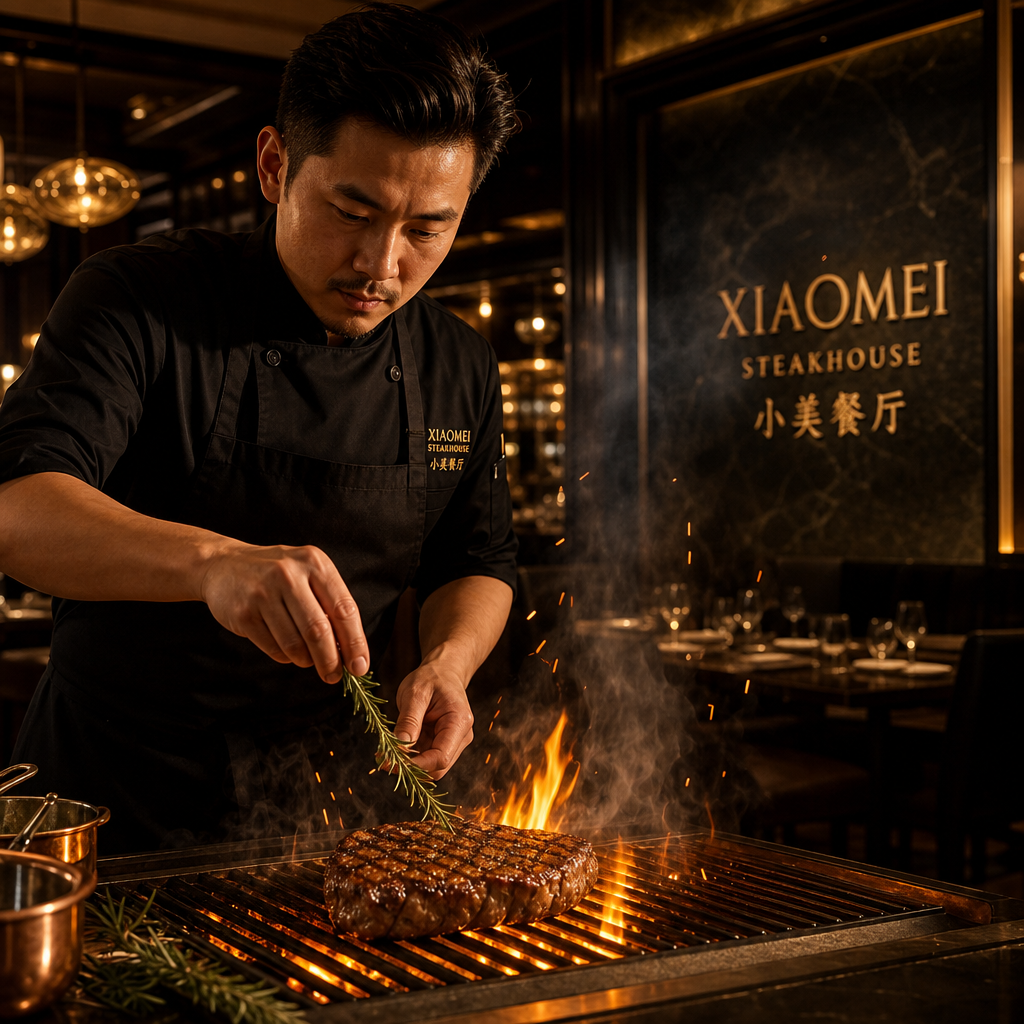 Chef finishing a steak over an open flame grill with warm amber lighting and elegant restaurant ambiance