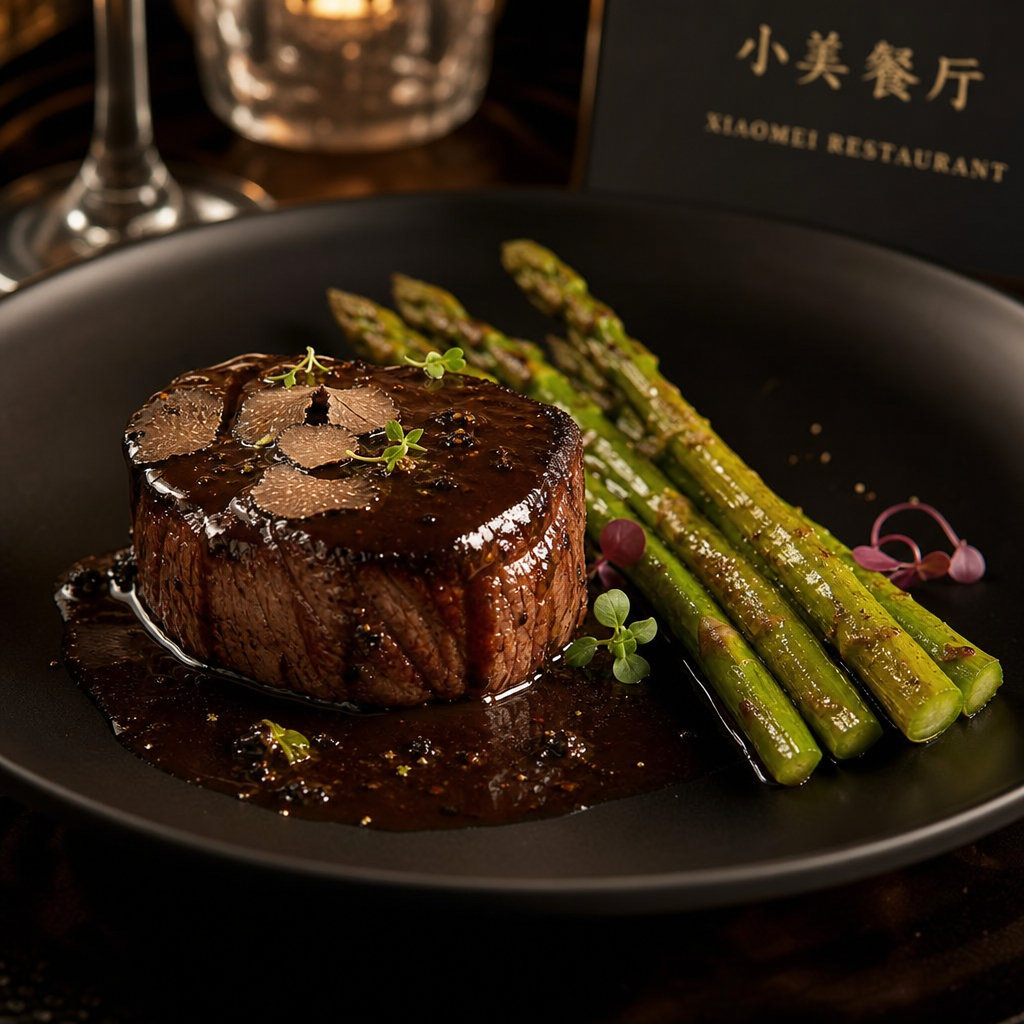 Elegant filet mignon medallion topped with truffle demi-glace, plated with asparagus on a matte black plate
