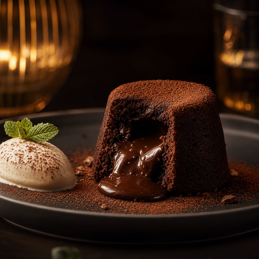 Warm chocolate lava cake with molten center, dusted with cocoa and served with vanilla cream