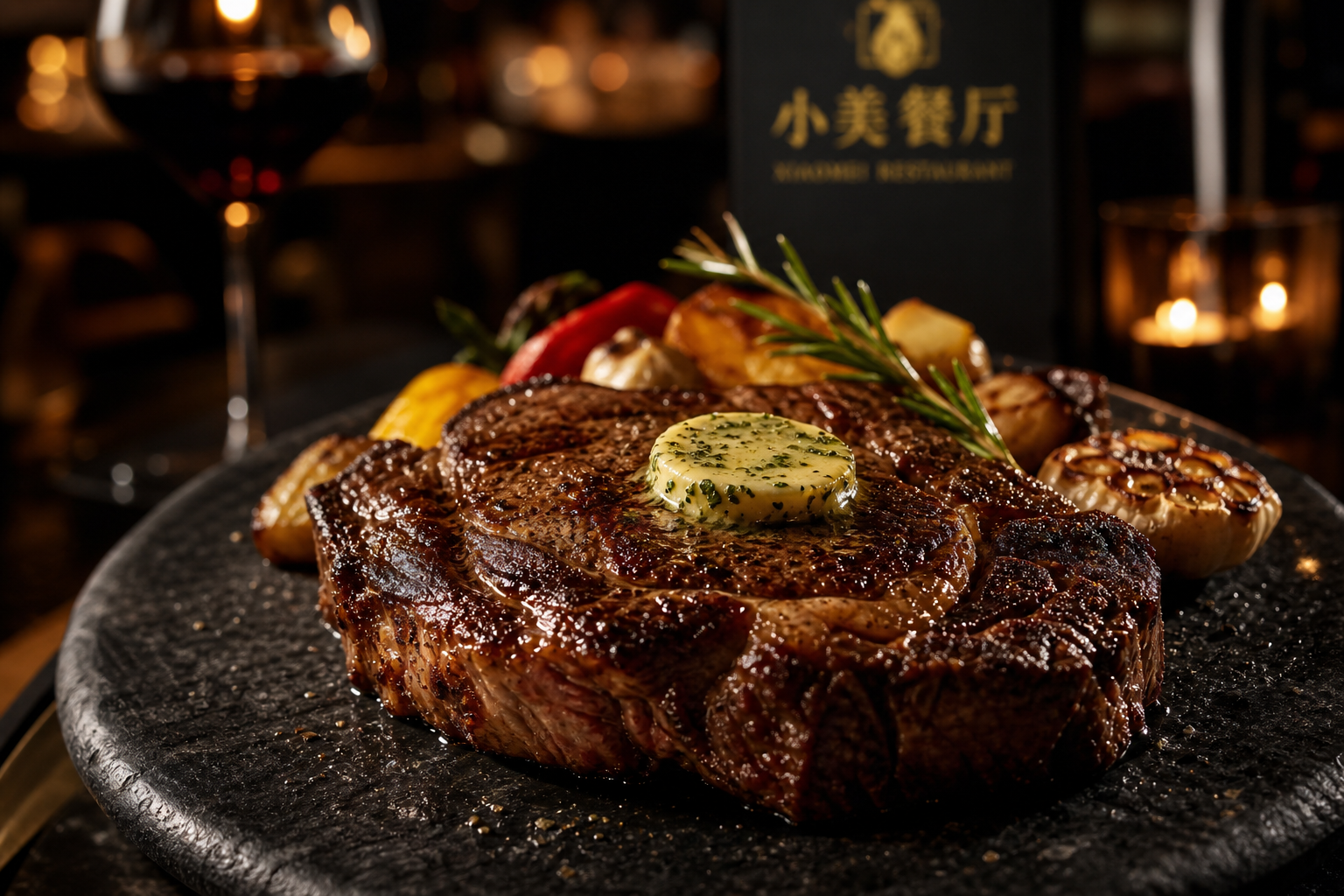 Elegant plated ribeye steak with seared crust, herb butter, and roasted vegetables on a dark stone plate in a luxury steakhouse setting