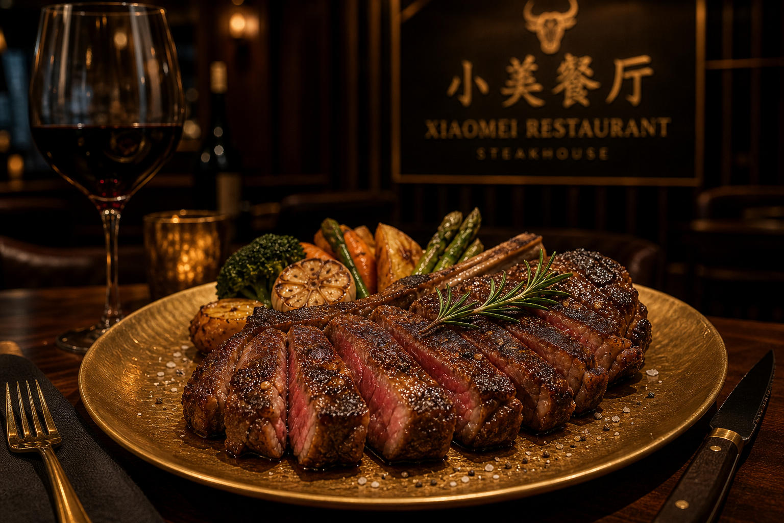 Sliced ribeye steak with a caramelized crust, gold-toned plating, roasted vegetables, and rosemary garnish in a dark luxe dining setting