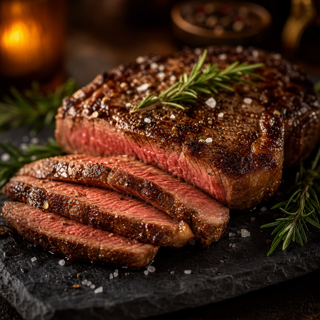 Seared premium ribeye steak sliced on a dark stone plate with rosemary, sea salt, and warm ambient restaurant lighting