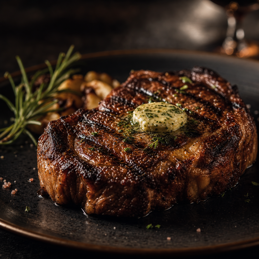 Thick-cut ribeye steak with rich marbling, finished with herb butter and charred grill marks on a dark ceramic plate