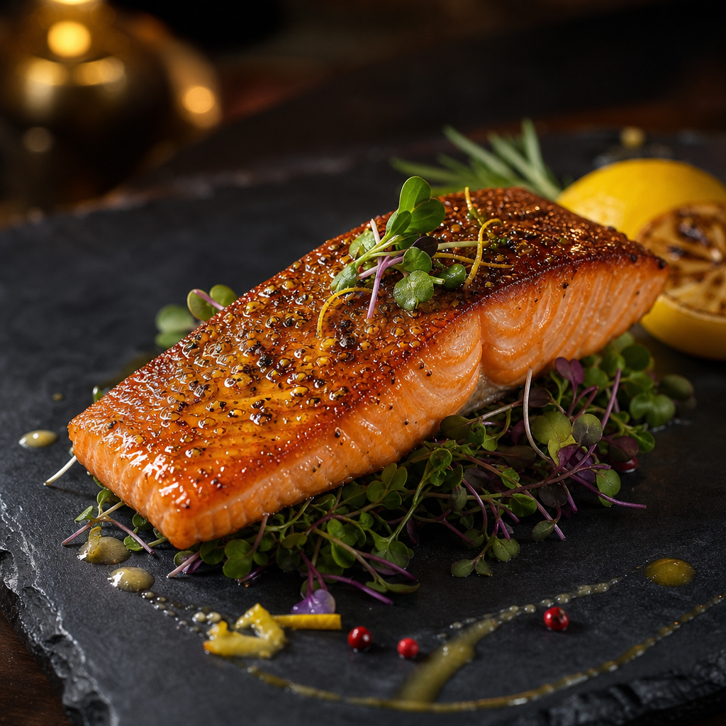 Crispy skin seared salmon with citrus glaze, served over microgreens on a slate plate
