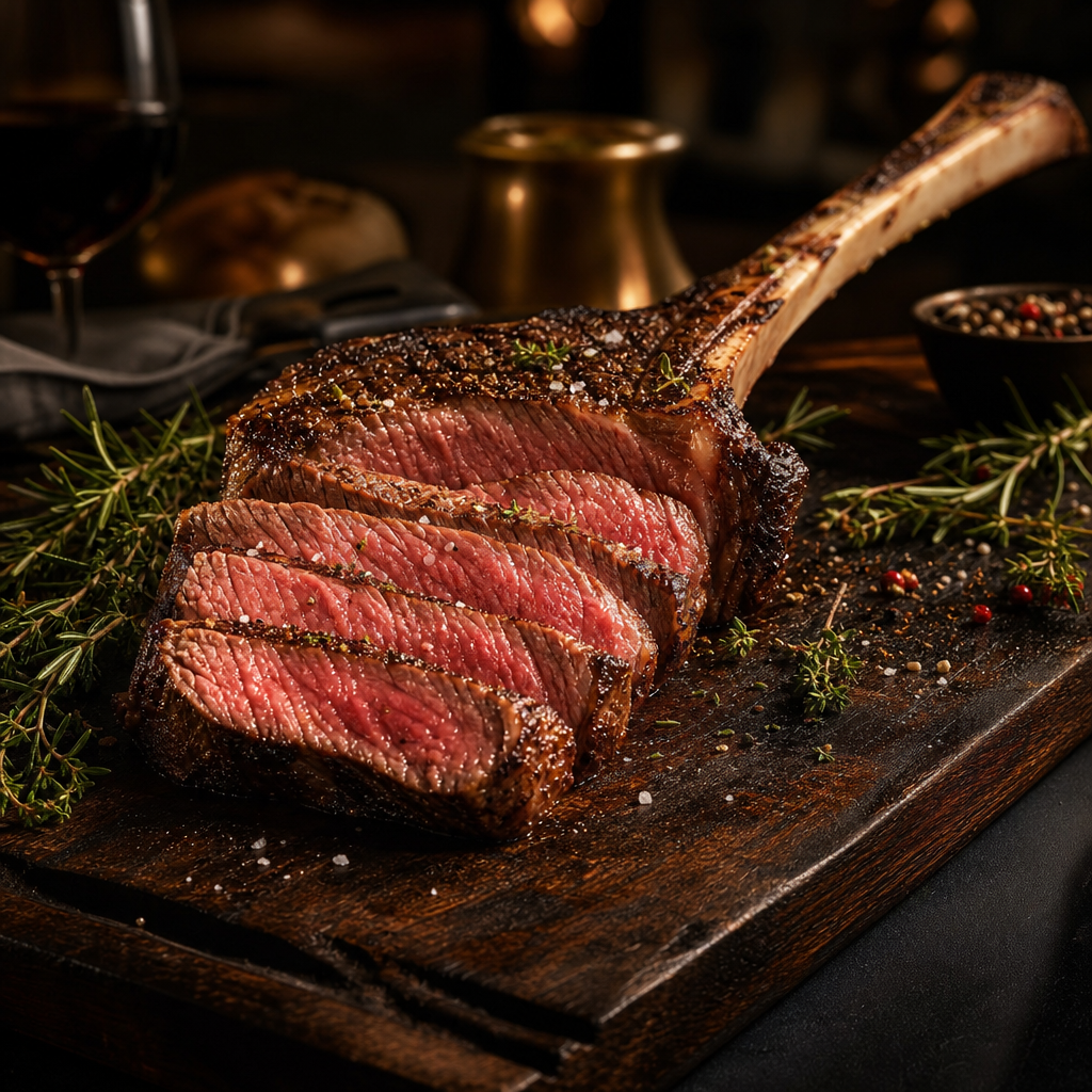 Large tomahawk steak with a long bone handle, sliced to reveal rosy interior on a rustic wood board