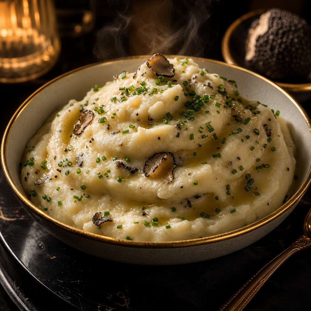 Creamy truffle mashed potatoes in a gold-rimmed bowl with chive garnish
