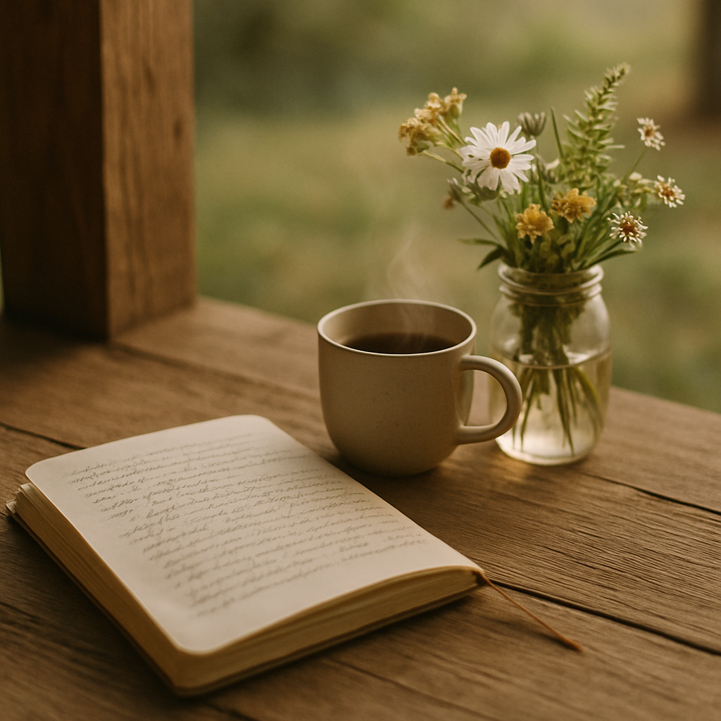 木屋门廊前的手写日记本与一杯热茶，旁边有一束野花和柔和的清晨光线